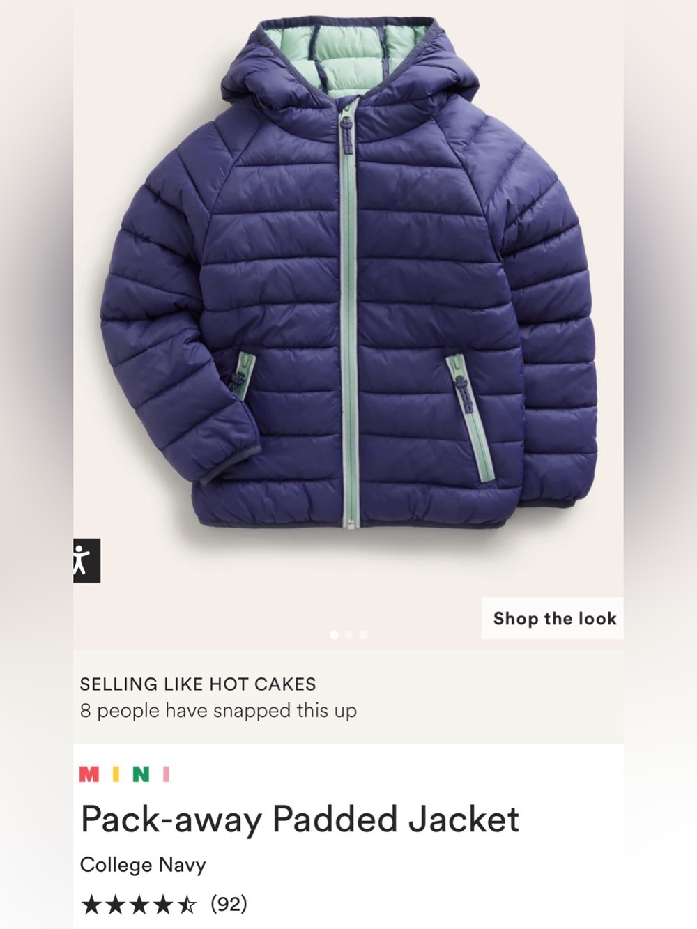 Mini Boden pack away padded lightweight puffer jacket